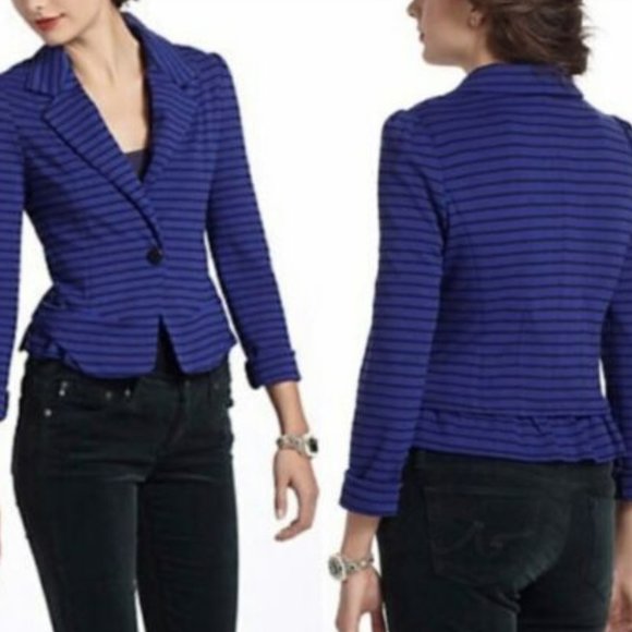 Anthropologie Cartonnier Royal Blue/Black Striped Ponte Ruffle Blazer - S - Picture 1 of 12